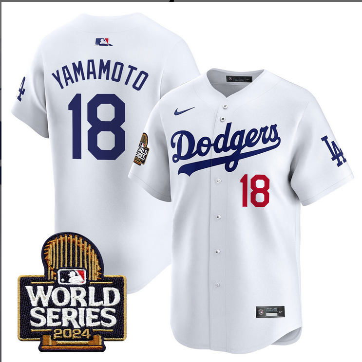 Men MLB Los Angeles Dodgers 18 Yamamoto white 2024 World Series Champions Patch Limited Jersey20241105 style 2